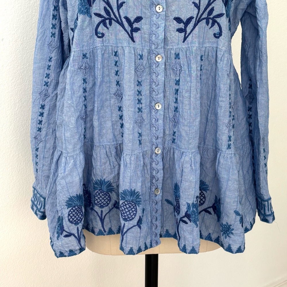 Johnny Was Workshop Tarra Tunic NWT Blue Cotton Blend Tropical Embroidery Boho M - Picture 4 of 11